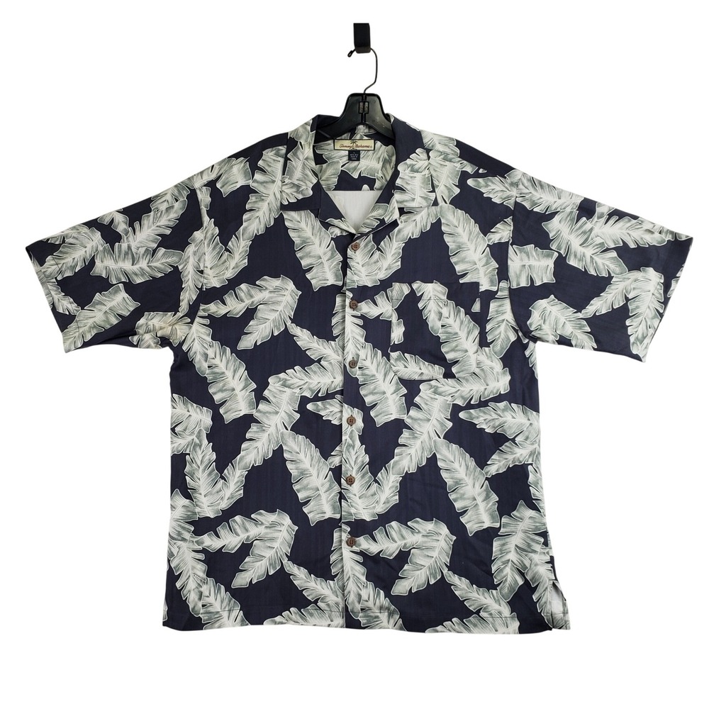 Tommy Bahama Silk Button Down Shirt Mens L Navy Blue Tropical Leaf Camp Resort